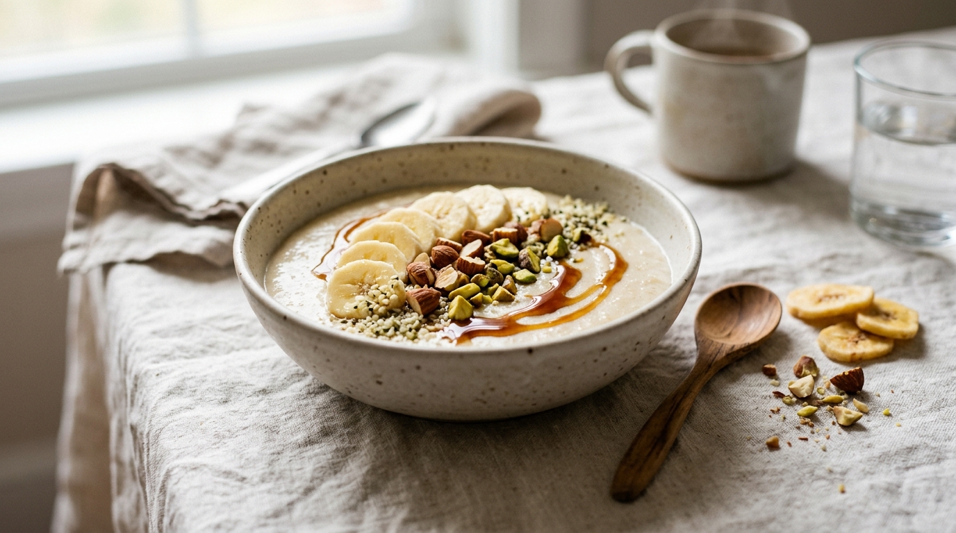 Steaming bowl of Nendran Banana Porridge